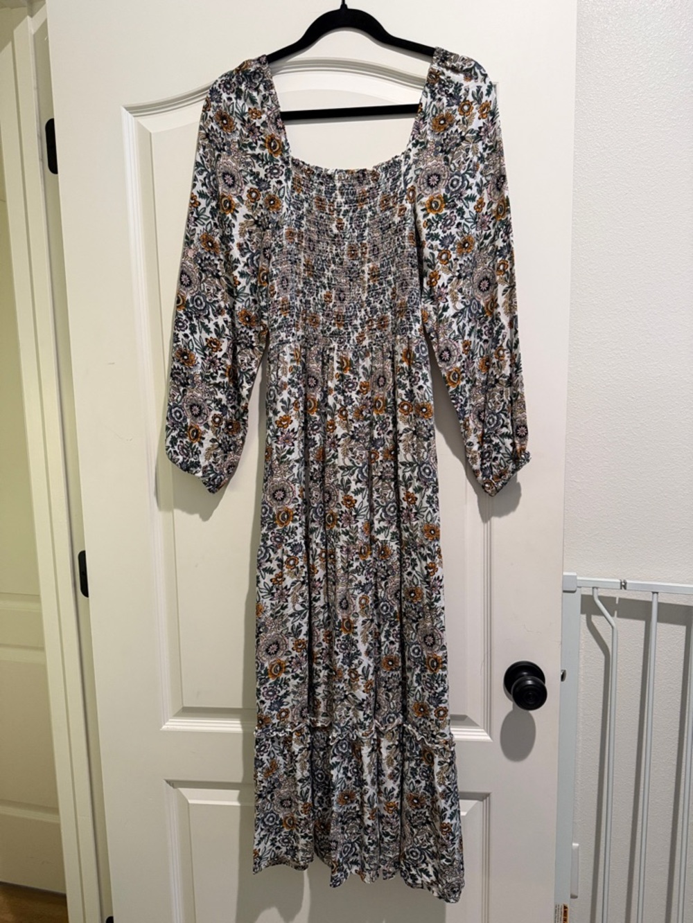 Natural life size large smocked floral dress white multicolor